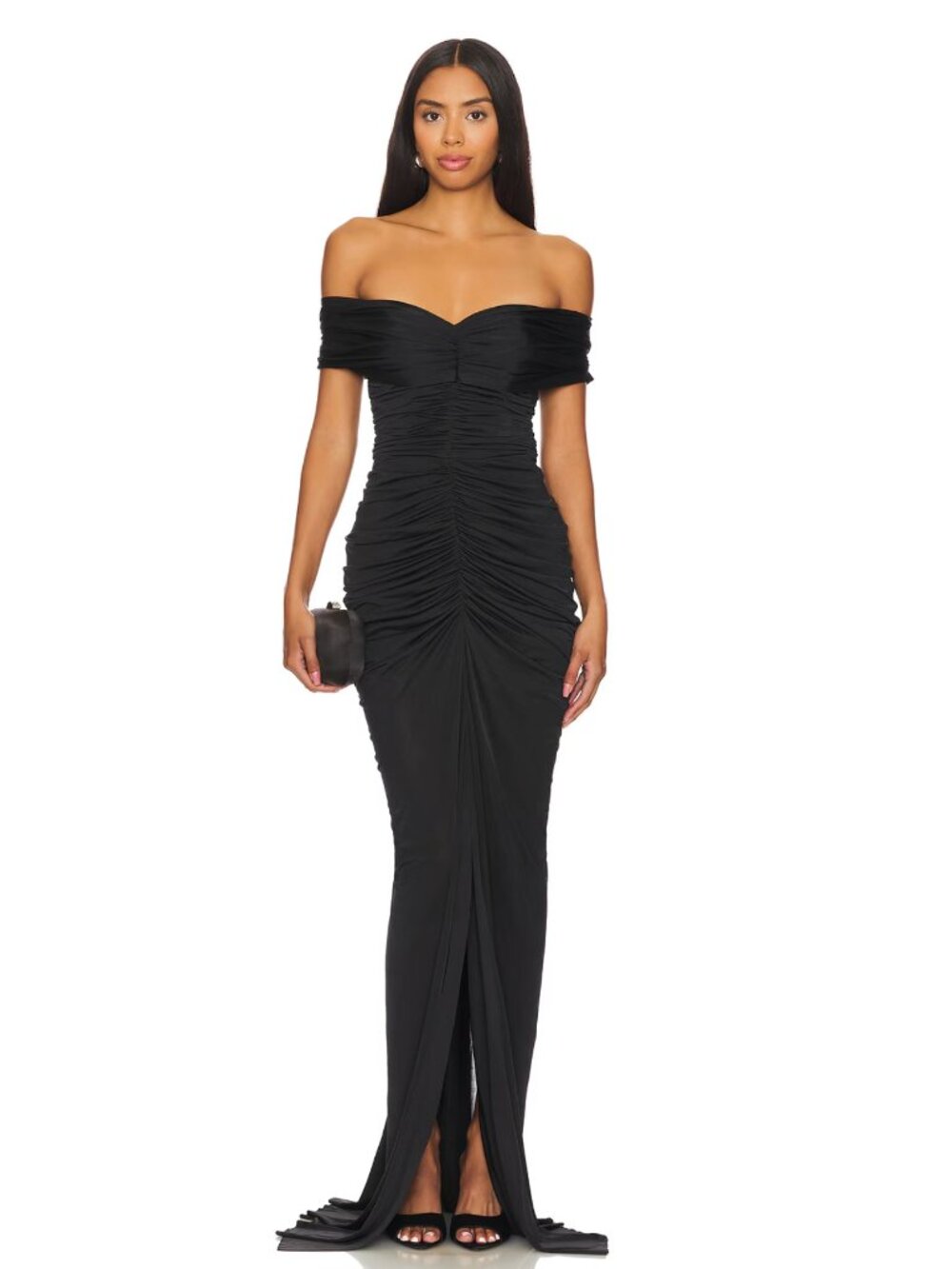 YAURA Tiara Maxi Dress in Black Off Shoulder Ruched Formal Gown
